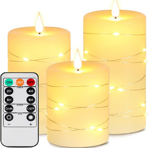 Flameless Candles with String Light LED Candle with Remote Control and Timer Battery Powered Ivory Candle