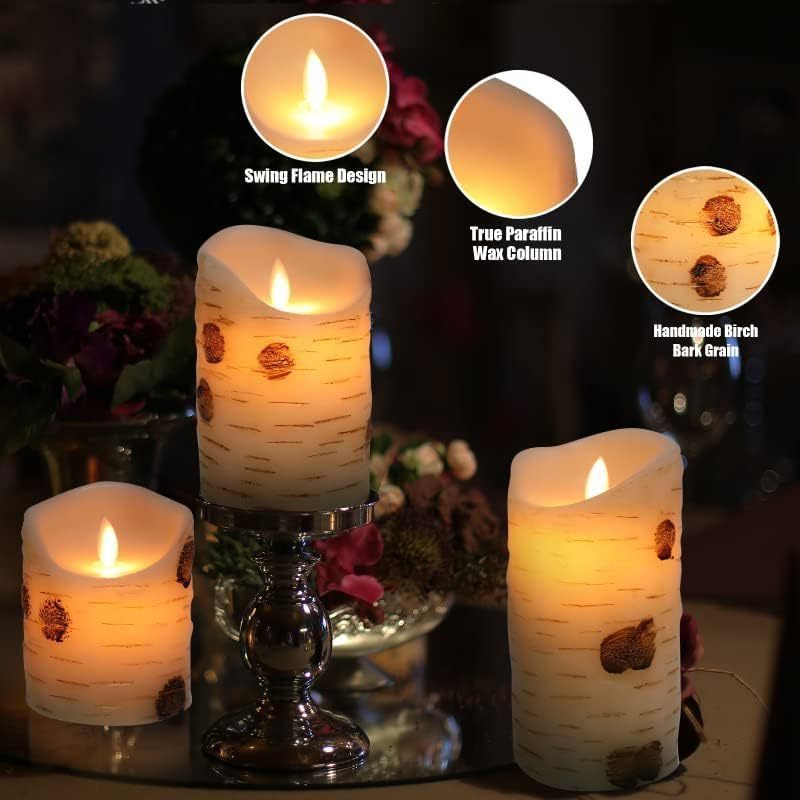 Birch Bark Effect Flameless Candles Battery Operated Pillar Real Wax Flickering LED Candle with Remote Control 24 Hours Timer