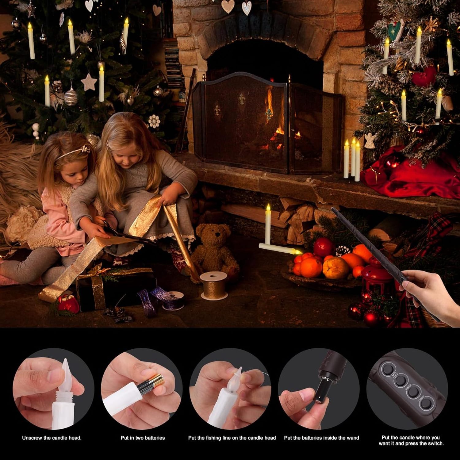 Battery Operated Flameless Floating LED Candle light with Wand Remote Magic Hanging Flickering Christmas Tree Candles