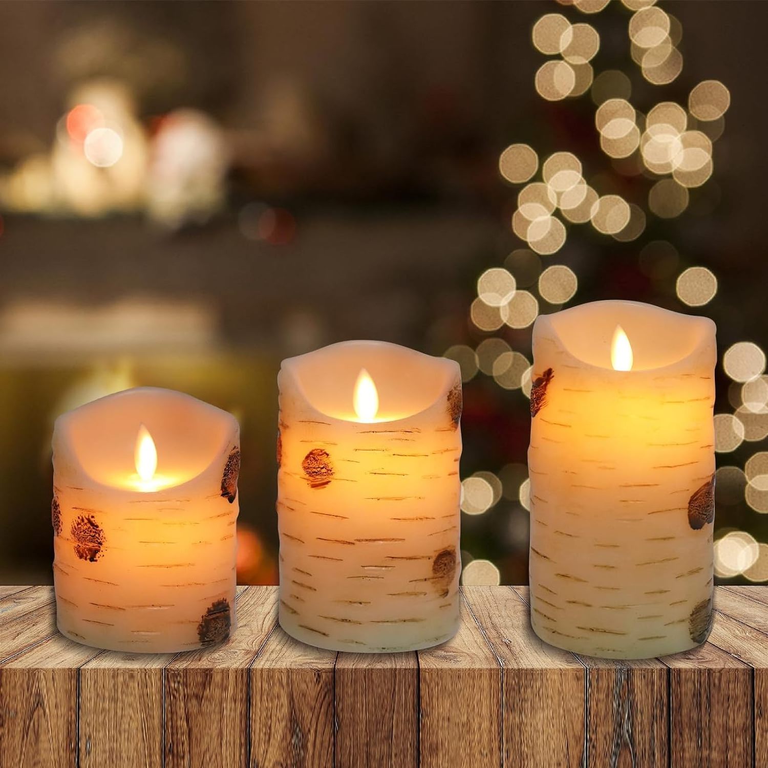 Birch Bark Effect Flameless Candles Battery Operated Pillar Real Wax Flickering LED Candle with Remote Control 24 Hours Timer