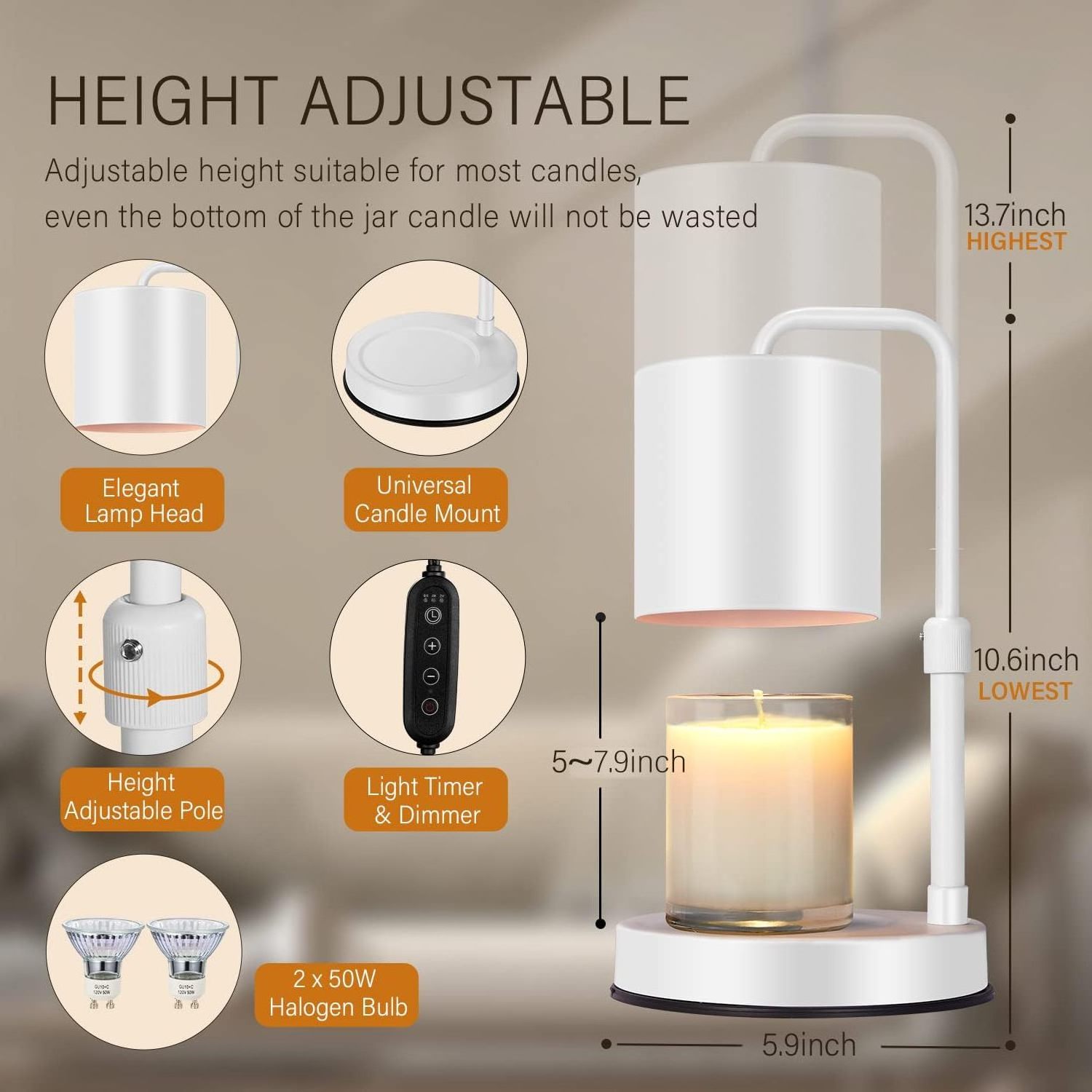 Candle Warmer Lamp Adjustable Height Dimmable with Timer Compatible with Large Jar Scented Candles No Flame with 2 Bulbs