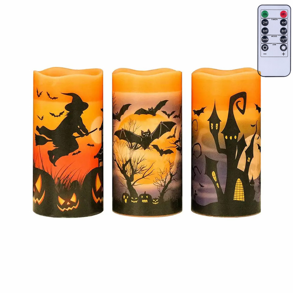 Battery Operated Set of 3 Real Wax Warm Light Halloween Flameless Flickering Pillar LED Candle light