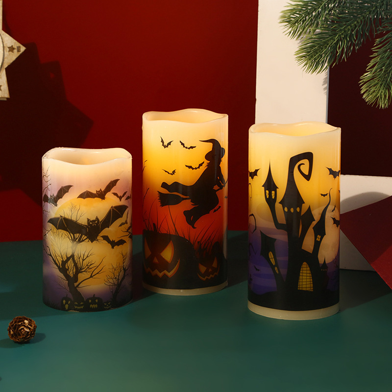 Battery Operated Set of 3 Real Wax Warm Light Halloween Flameless Flickering Pillar LED Candle light