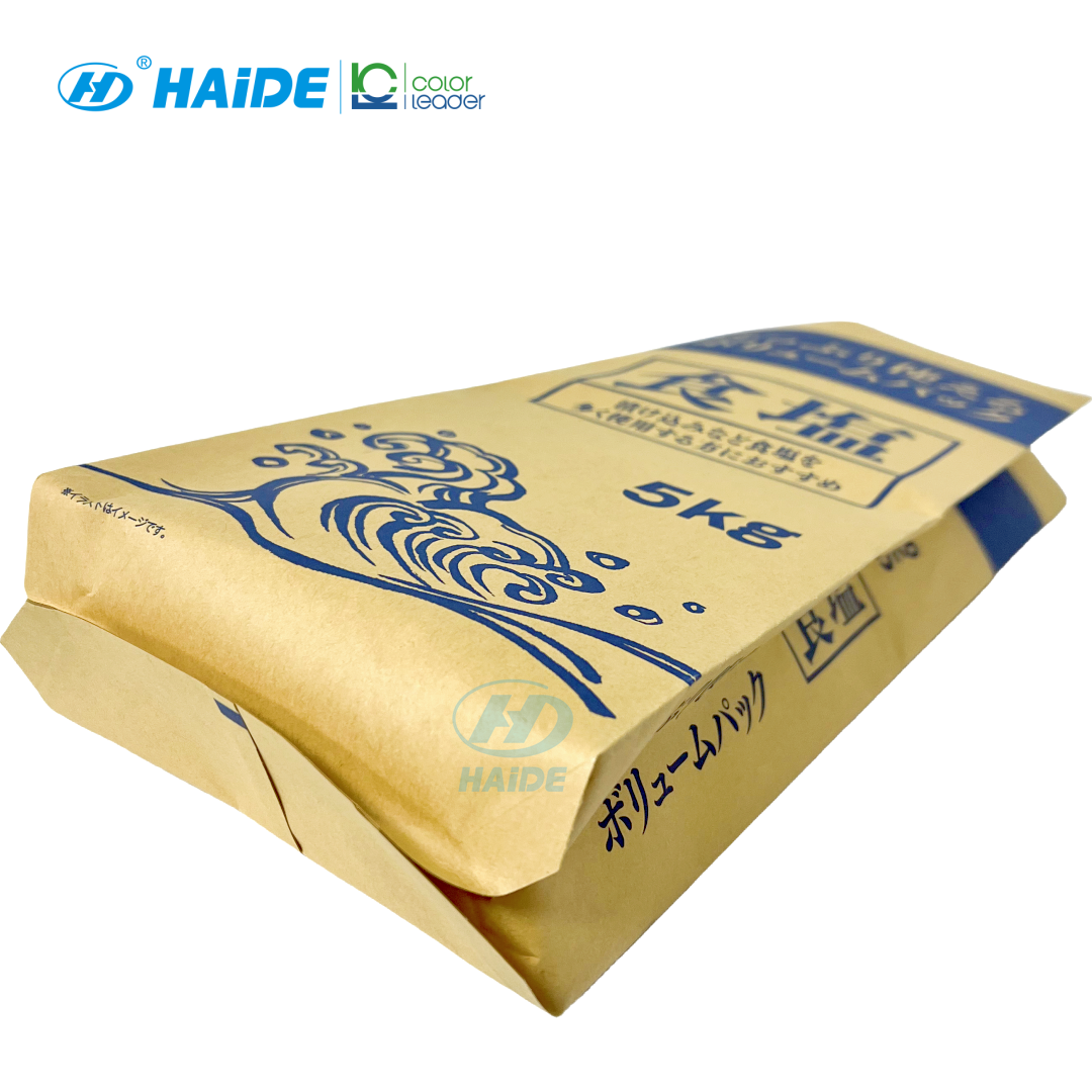 Custom flexo printed nylon laminated extra strong physical 5kg salt Kraft Paper quad sealed side gusset bag