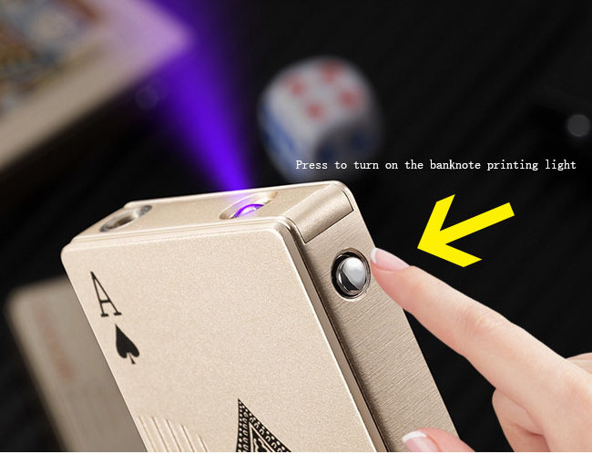 Hot selling creative poker design lighter with cash verification lighter, light metal windproof lighter