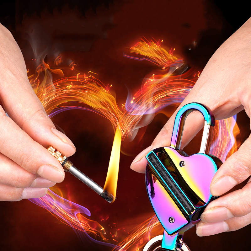 Popular Custom Multicolor match lighter Heart-shaped kerosene heart lighter keychain with light lighter