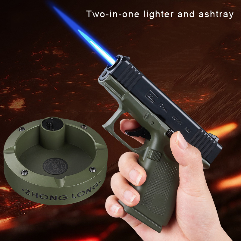 New creative lighter ashtray two-in-one pistol style metal gas lighter adjustable flame blue torch lighter