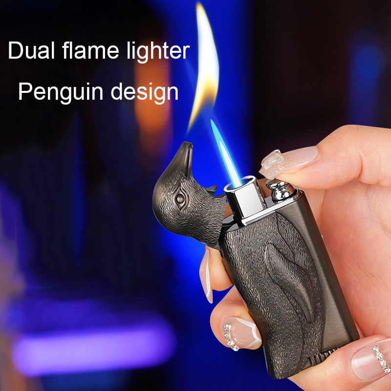 2023 creative shape penguin lighter dual flame torch open flame lighter windproof embossed design