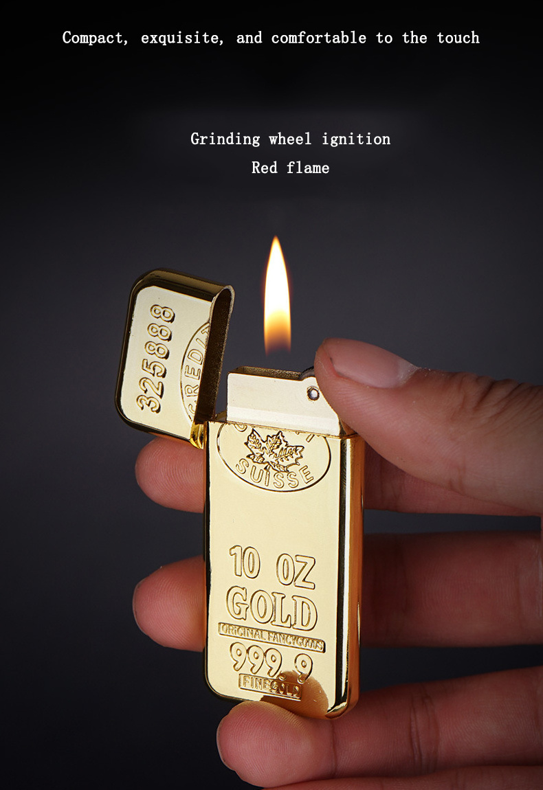 Gold bar ultra-thin mini lighter electroplating process grinding wheel open flame gas lighter gift box packaging lighter