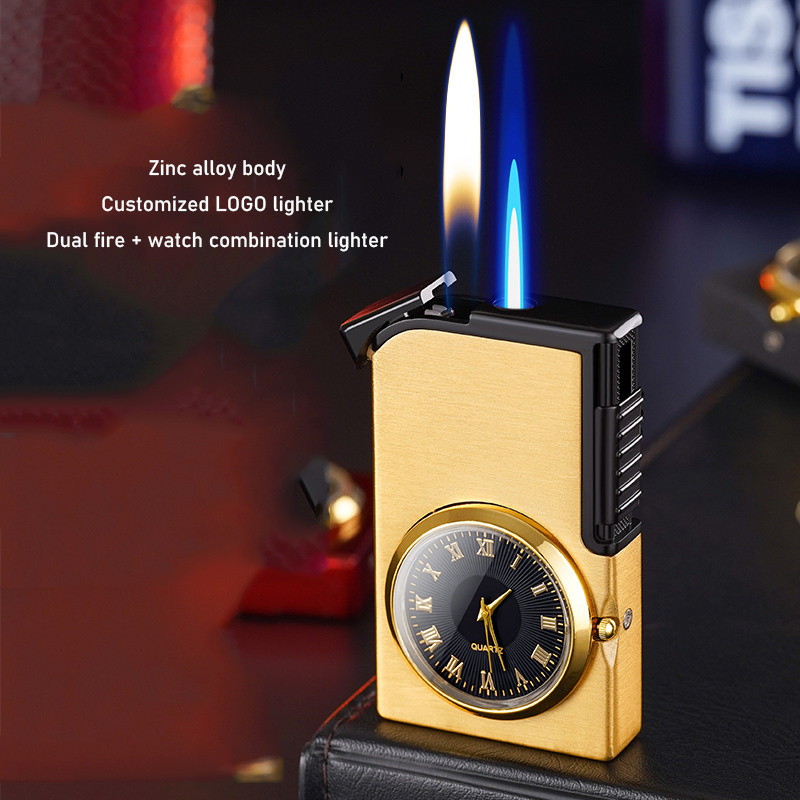 Creative watch dual fire lighter customized logo clock open flame torch 2 in 1lighter