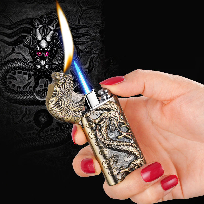 Classic creative open flame Torch embossed dragon double flame lighter jet torch lighter