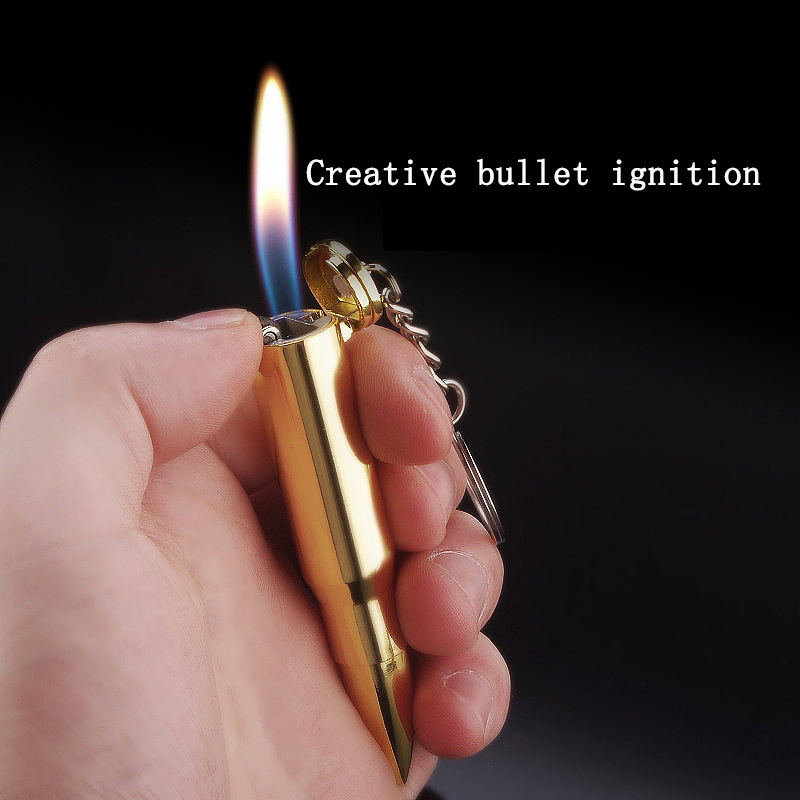 Bullet keychain lighter electroplating grinding wheel open flame lighter creative inflatable collectible lighter