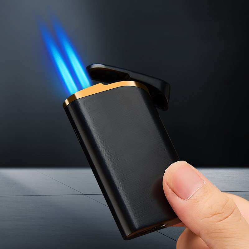 Custom windproof Cigarette lighter metal dual fire  blue flame torch lighter for cigar