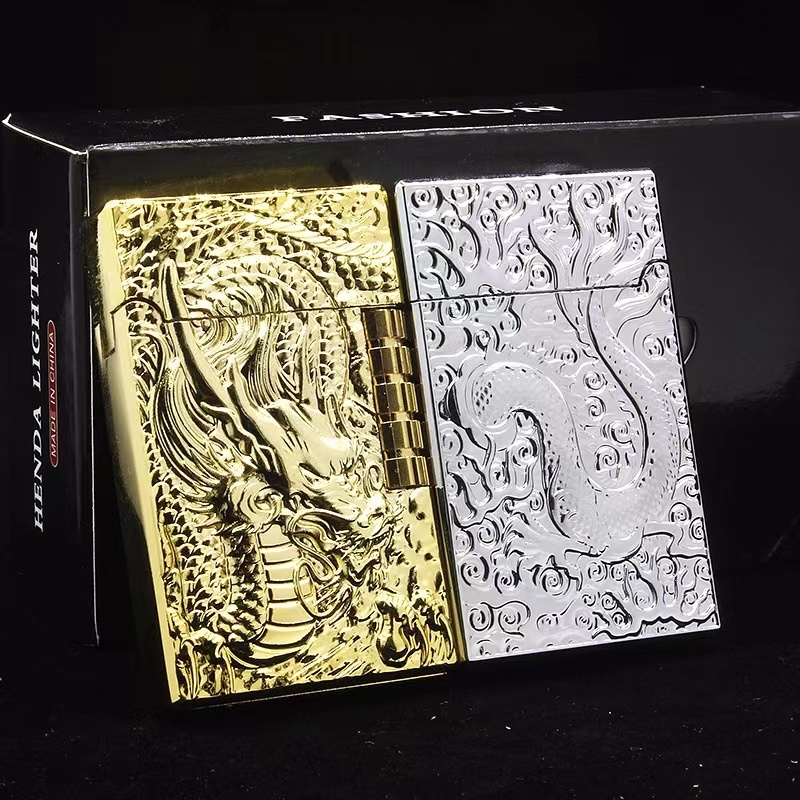 Classic Embossed Dragon Open Fire Lighter Butane Gas Refillable Lighter Side Fire Lighter