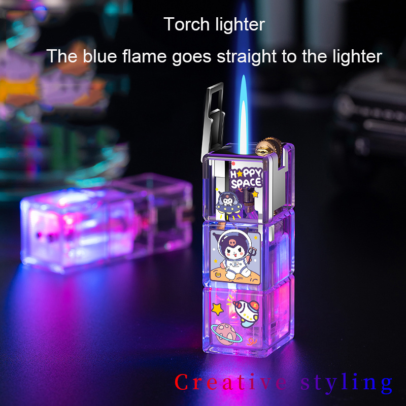 New cartoon cute lady lighter torch windproof lighter luminous custom logo transparent lighter