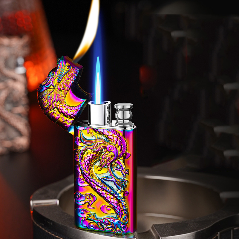 Classic creative open flame Torch embossed dragon double flame lighter jet torch lighter