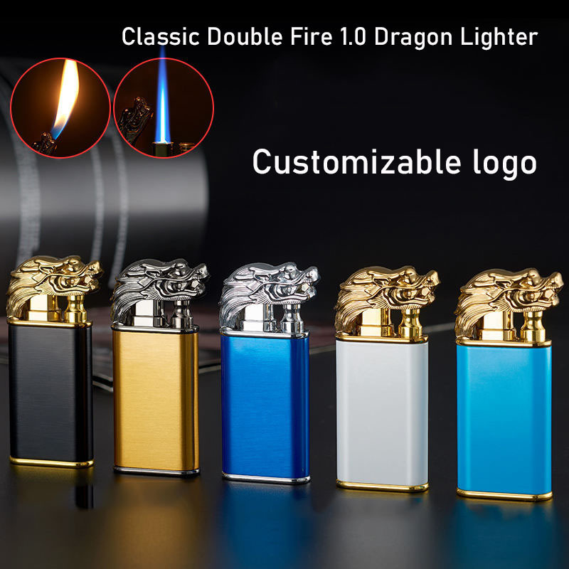 TK classic double flame 1.0 dragon lighter double flame reactive Windproof Conversion Open Fire Gas Lighter Man's Gift