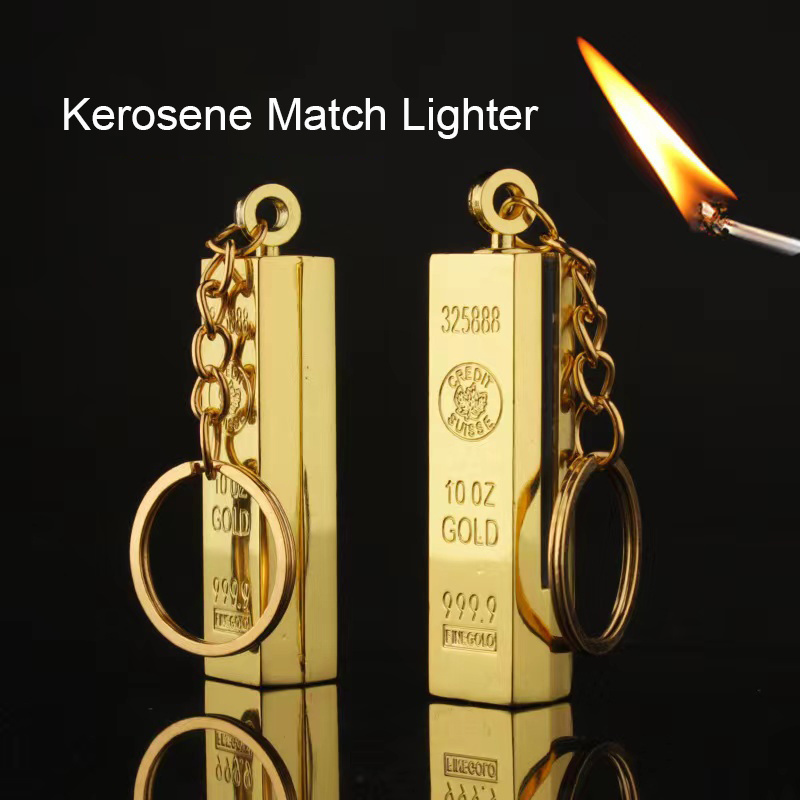 HD Creative gold bar shaped lighter vintage kerosene lighter match key chain Mini Lighters Gold Permanent