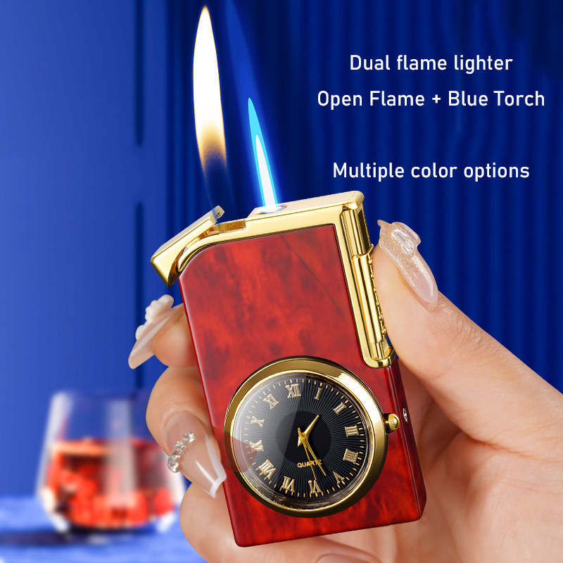 Creative watch dual fire lighter customized logo clock open flame torch 2 in 1lighter