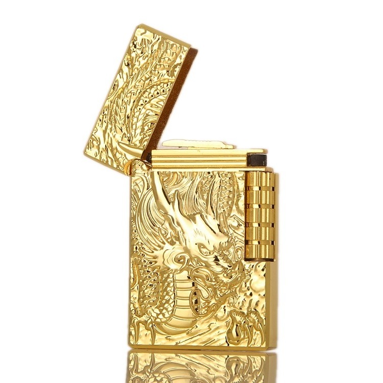 Classic Embossed Dragon Open Fire Lighter Butane Gas Refillable Lighter Side Fire Lighter