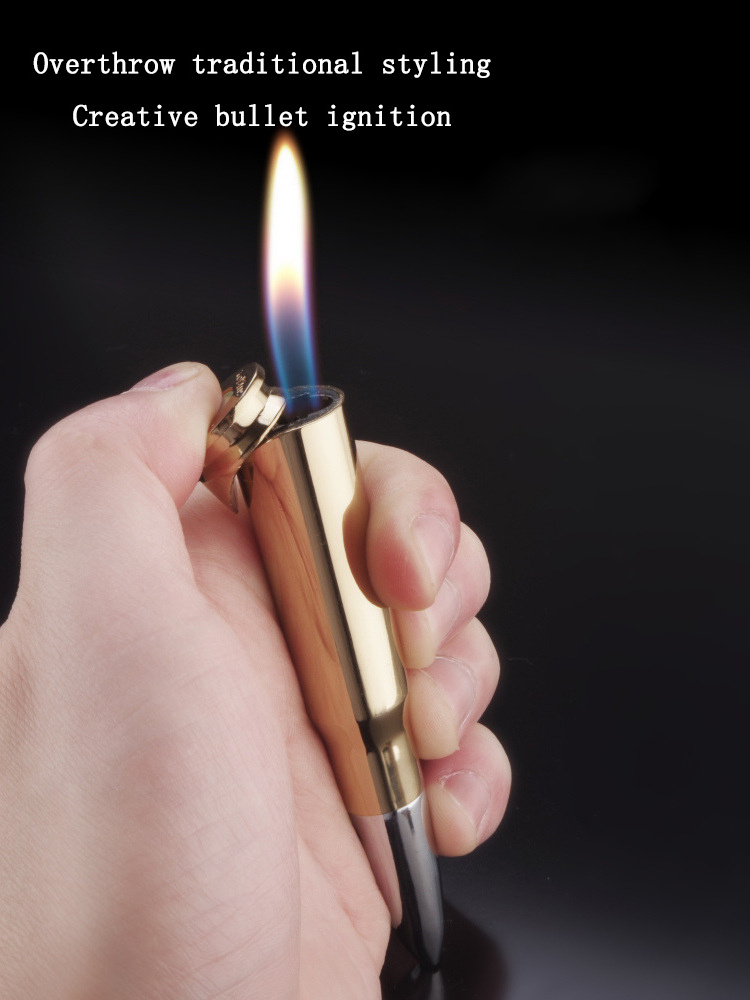 Gold pointed laser light lighter, open flame bullet lighter, military creative model, bullet inflatable lighter