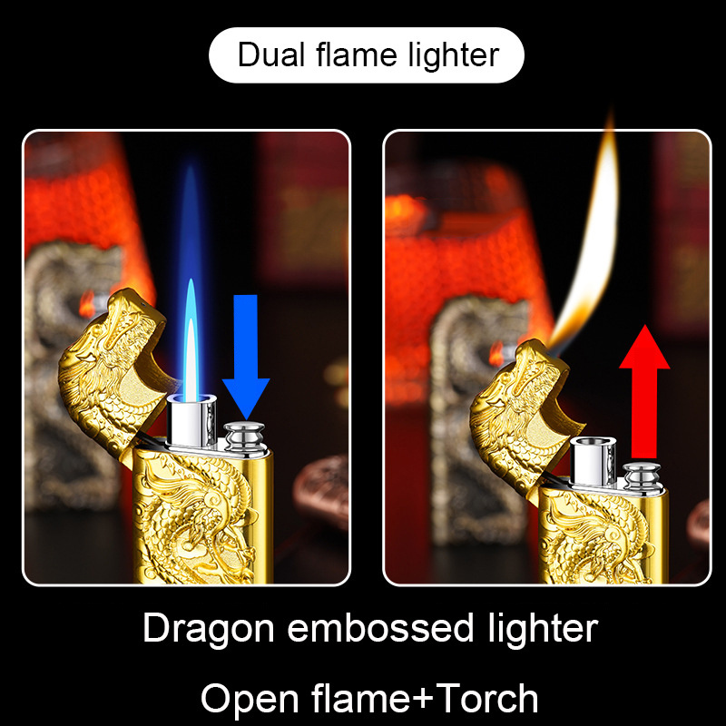 Classic creative open flame Torch embossed dragon double flame lighter jet torch lighter