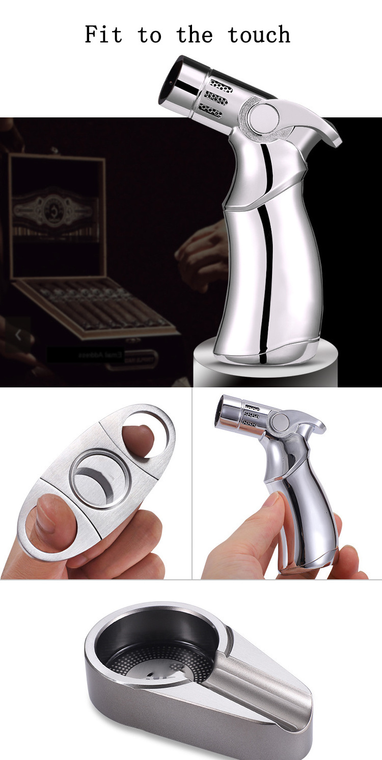 Four flame direct spray lighter windproof cigar lighter metal ceramic ashtray stainless steel cigar cutter three piece set