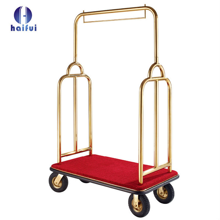 Luxury hotel stainless copper bellman luggage cart with muted inflatable wheels