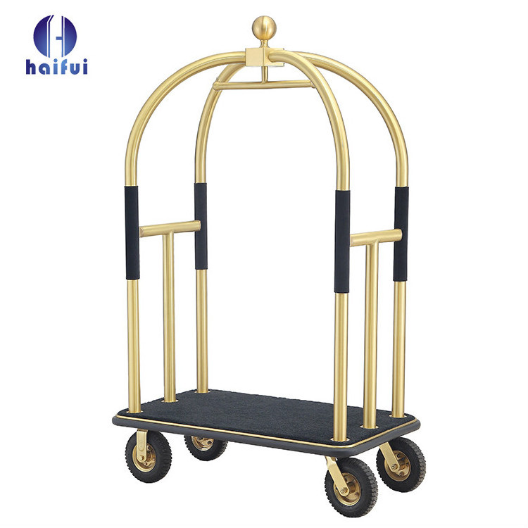 Luxury hotel stainless copper bellman luggage cart with muted inflatable wheels