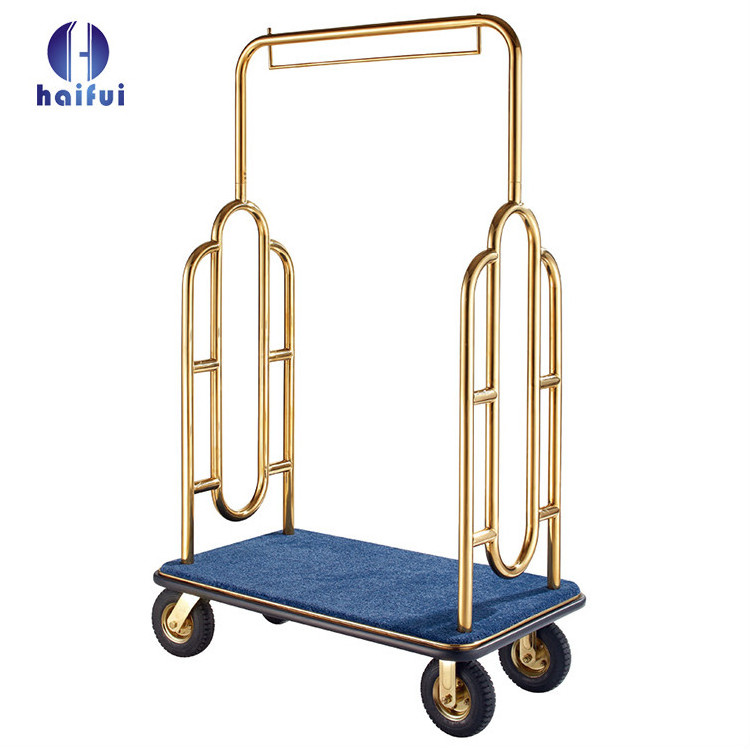 Luxury hotel stainless copper bellman luggage cart with muted inflatable wheels