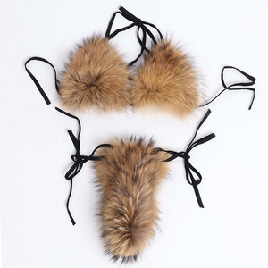 New Fashion Women Sexy Women Fox Fur Underwear Fur Bra Fur Bikini And Slides Set