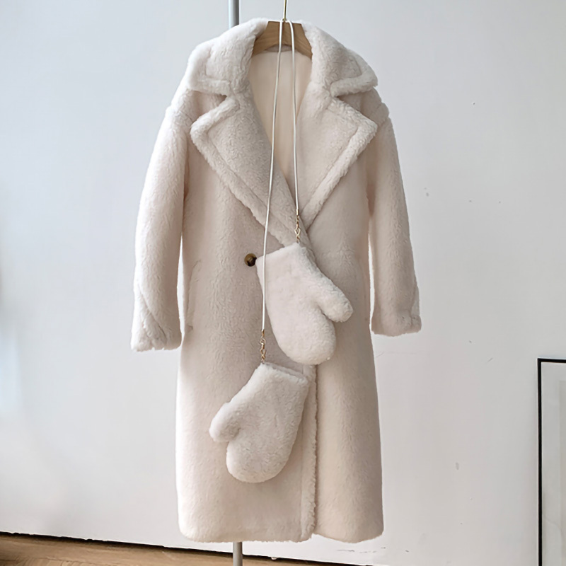 New Fashion Long Alpaca Gloves Coat Turn Down Collar Genuine Alpaca Wool Coat Winter Oversized Teddy Bear Coat for Women