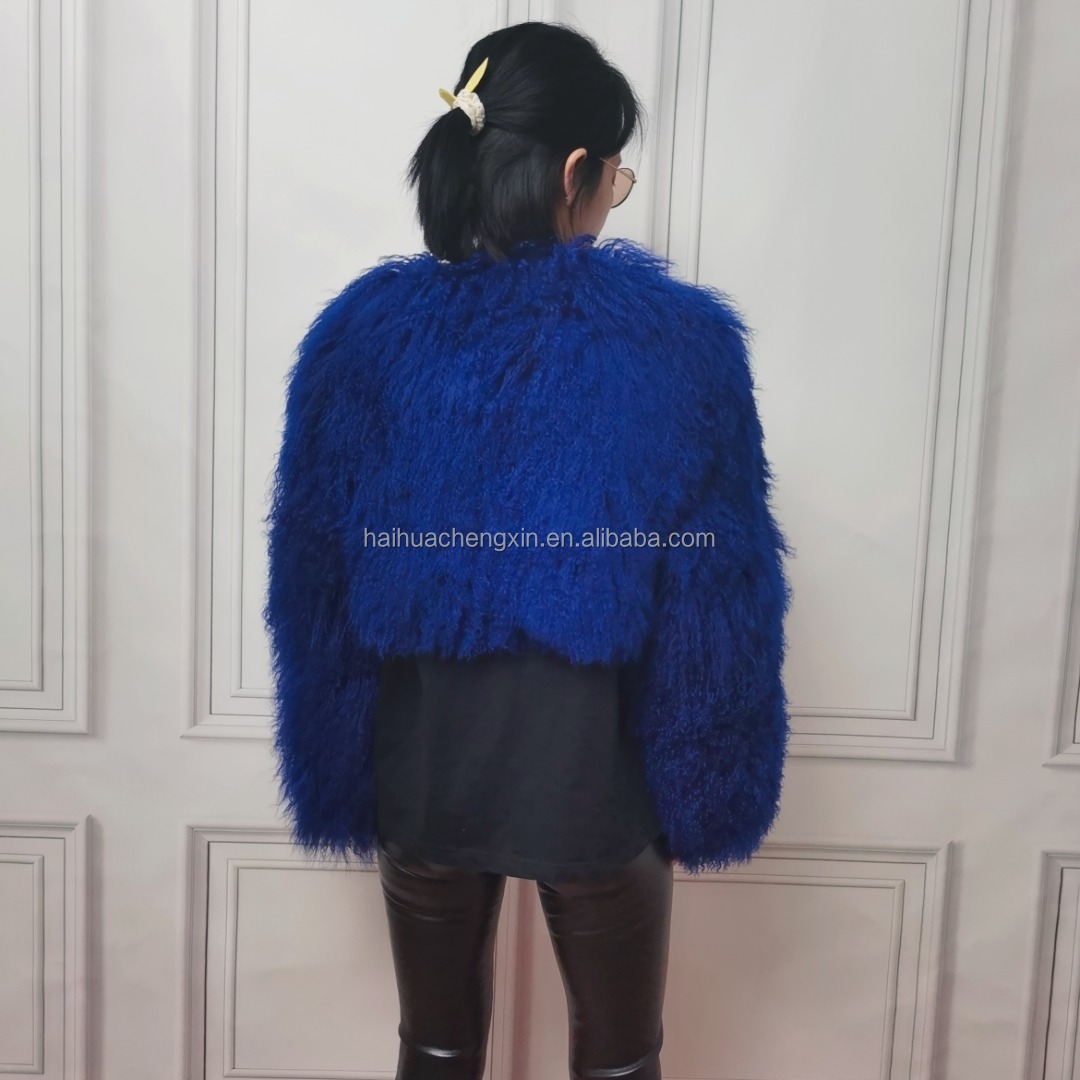 Custom Wholesale Fluffy Warm real fur coat Cropped lady outwear women Mongolian Lamb jacket