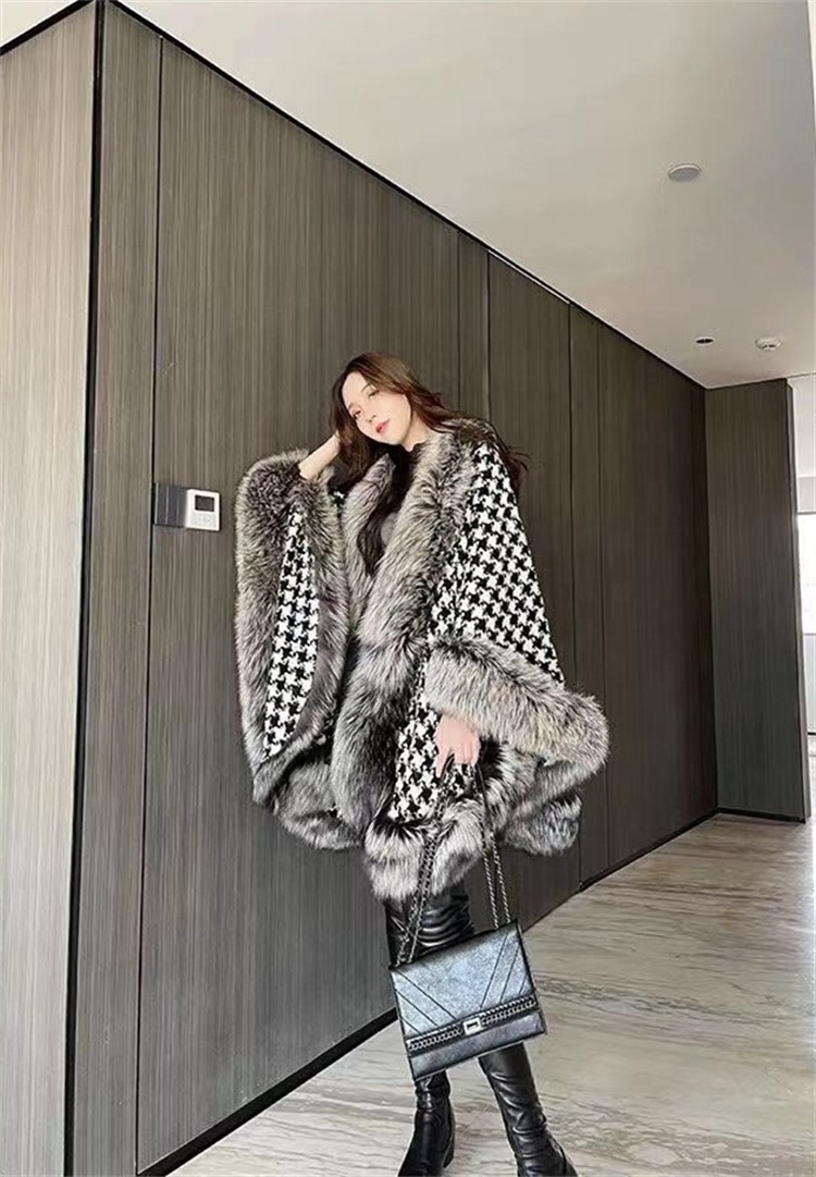 CUSTOM Warm wool big size lady  cape fluffy wrap cape Genuine Plaid long hair winter women Faux fur shawl