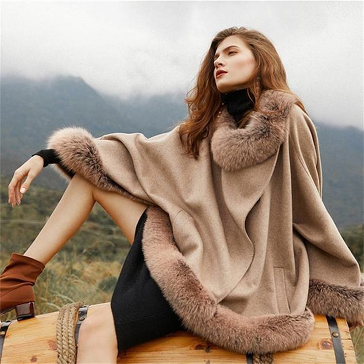 Custom Wholesale Winter wool shawl genuine fox fur trim wool shawl with real silver fox fur trim