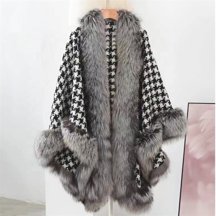 CUSTOM Warm wool big size lady  cape fluffy wrap cape Genuine Plaid long hair winter women Faux fur shawl