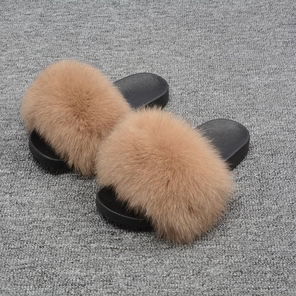 Outdoor Real Fox fur bedroom slippers Women Furry Slides Fluffy Big Fur Slippers Open Toe Flat Slides Fur Sandals