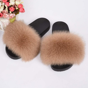 Outdoor Real Fox fur bedroom slippers Women Furry Slides Fluffy Big Fur Slippers Open Toe Flat Slides Fur Sandals