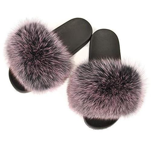 Outdoor Real Fox fur bedroom slippers Women Furry Slides Fluffy Big Fur Slippers Open Toe Flat Slides Fur Sandals