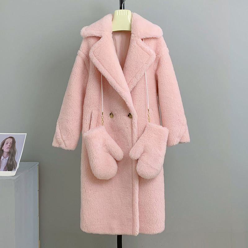 New Fashion Long Alpaca Gloves Coat Turn Down Collar Genuine Alpaca Wool Coat Winter Oversized Teddy Bear Coat for Women