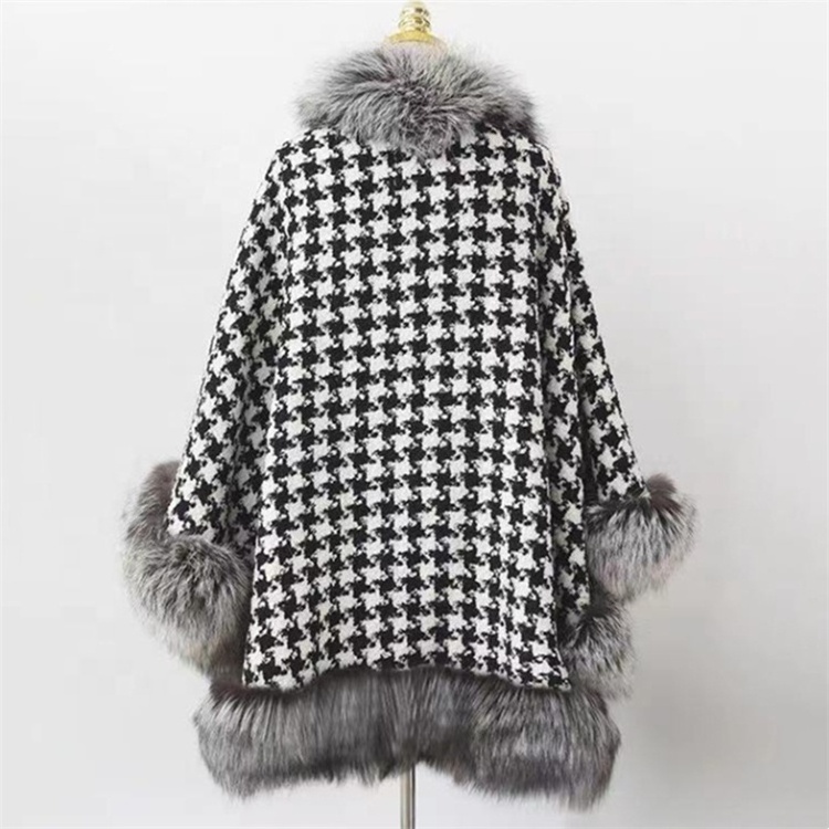 CUSTOM Warm wool big size lady  cape fluffy wrap cape Genuine Plaid long hair winter women Faux fur shawl