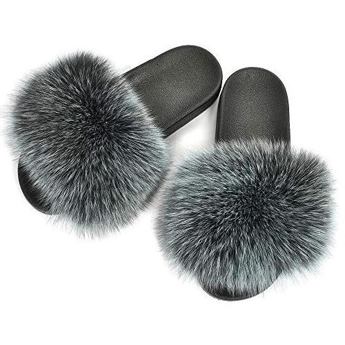 Outdoor Real Fox fur bedroom slippers Women Furry Slides Fluffy Big Fur Slippers Open Toe Flat Slides Fur Sandals