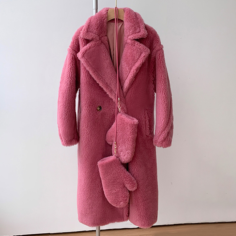 New Fashion Long Alpaca Gloves Coat Turn Down Collar Genuine Alpaca Wool Coat Winter Oversized Teddy Bear Coat for Women