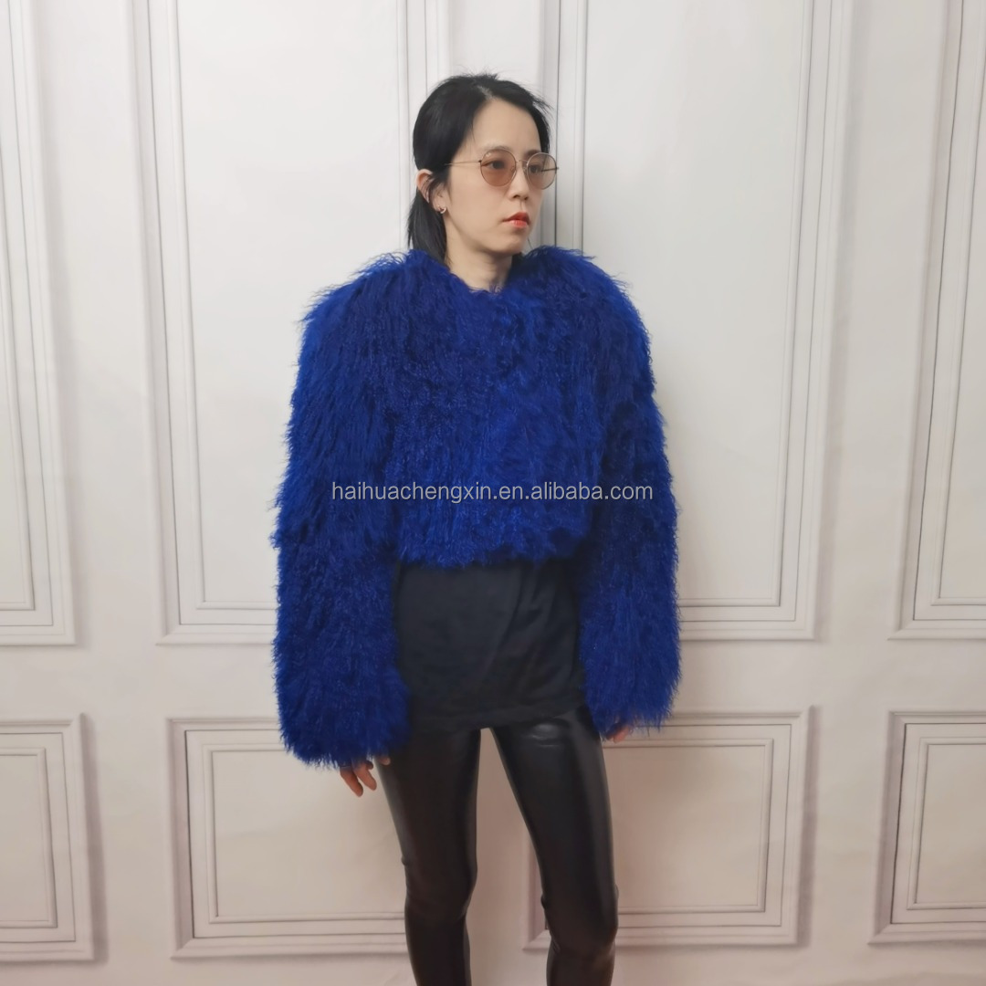 Custom Wholesale Fluffy Warm real fur coat Cropped lady outwear women Mongolian Lamb jacket