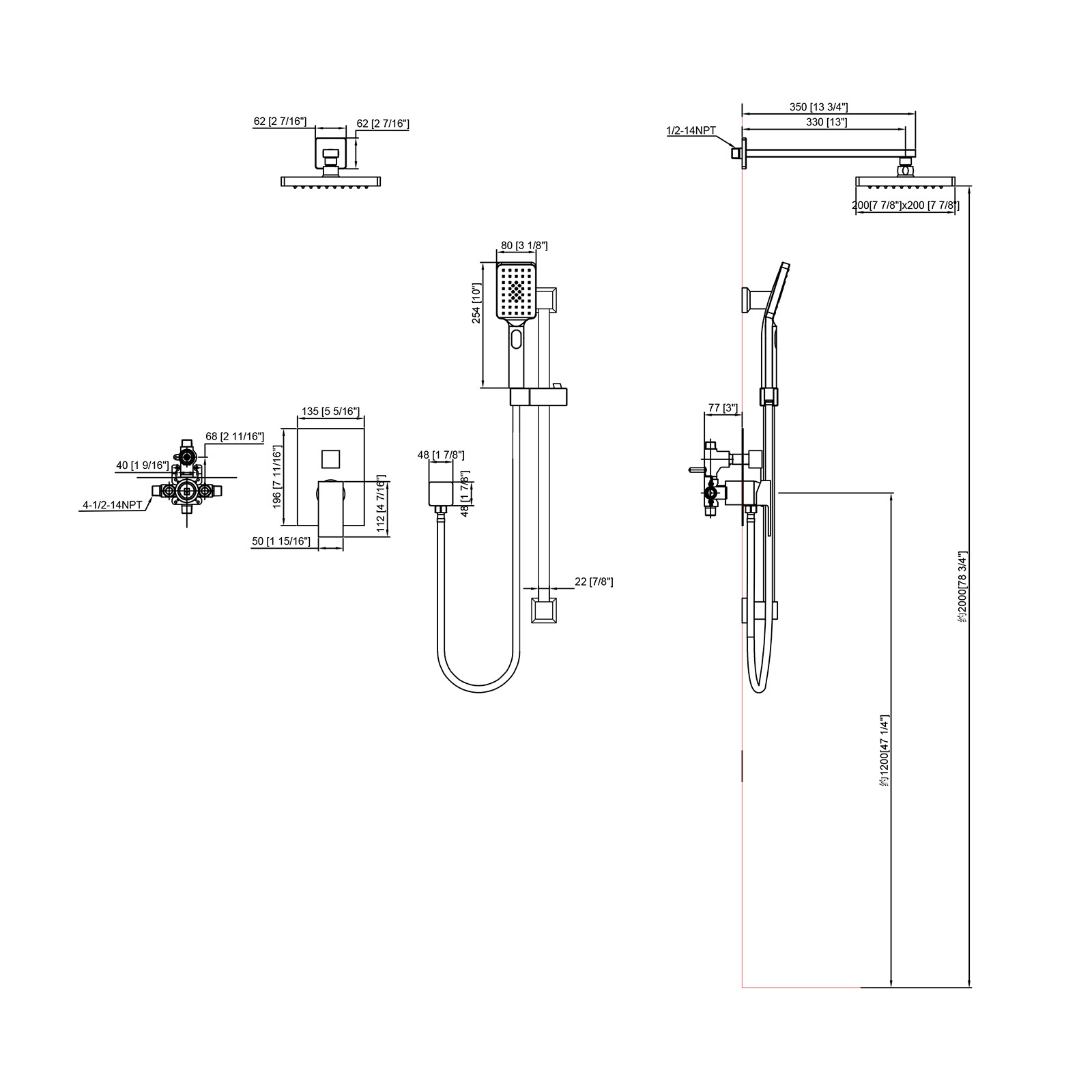 Tidjune Complete Rain Shower head Faucets Sets Wall Mount Shower Faucet Included Valve and Trim Kit Slide Bar Shower System