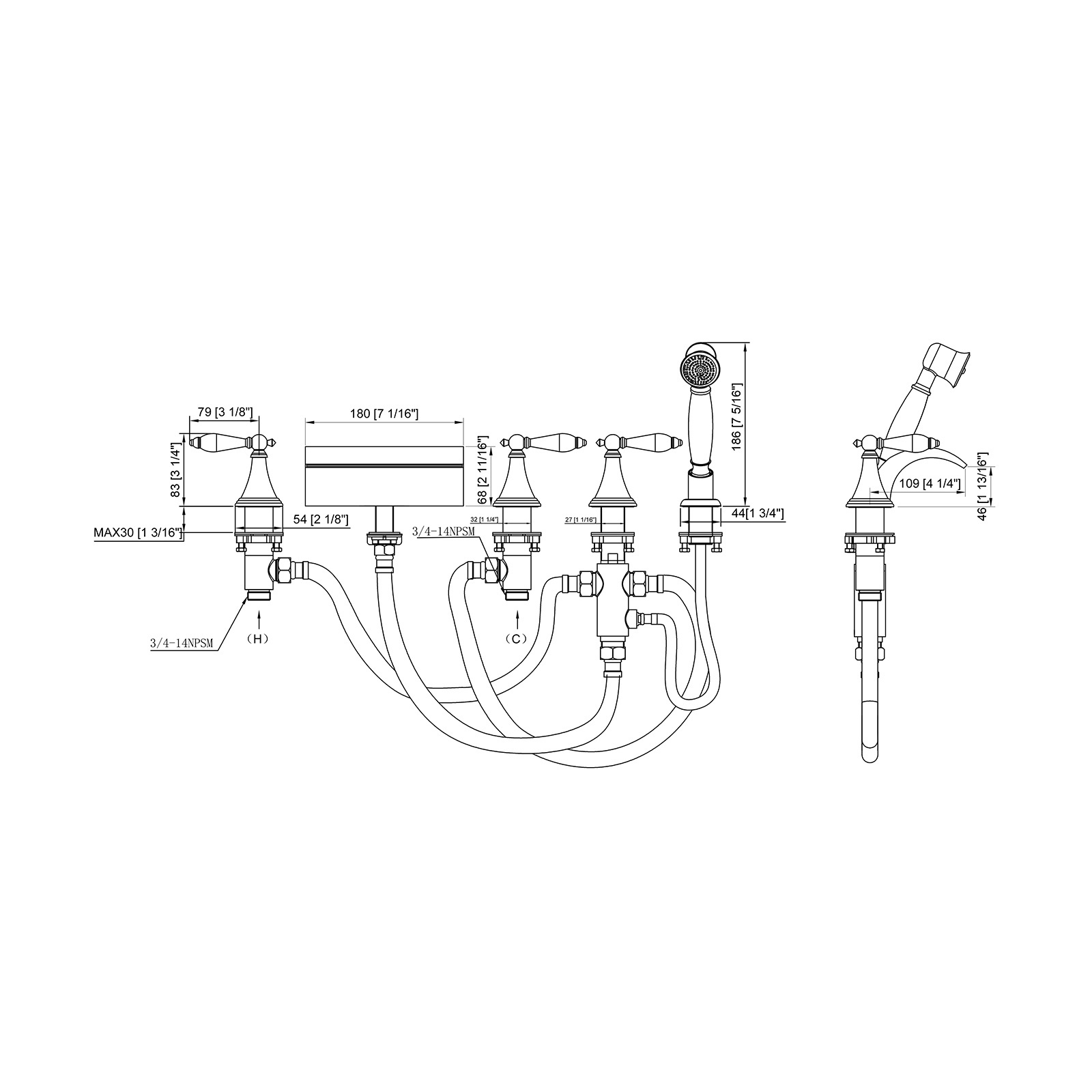 Wholesale Deck Mounted Roman Waterfall Bathtub Faucet with Hand shower Solid Brass 3 Handles 5 Holes Bathroom Tub Filler Faucet