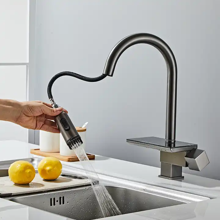 Commercial Pull Down Sprayer Waterfall Kitchen Faucet Hot and Cold Water Mixer Tap Sink Faucet Kitchen Stainless Steel Modern