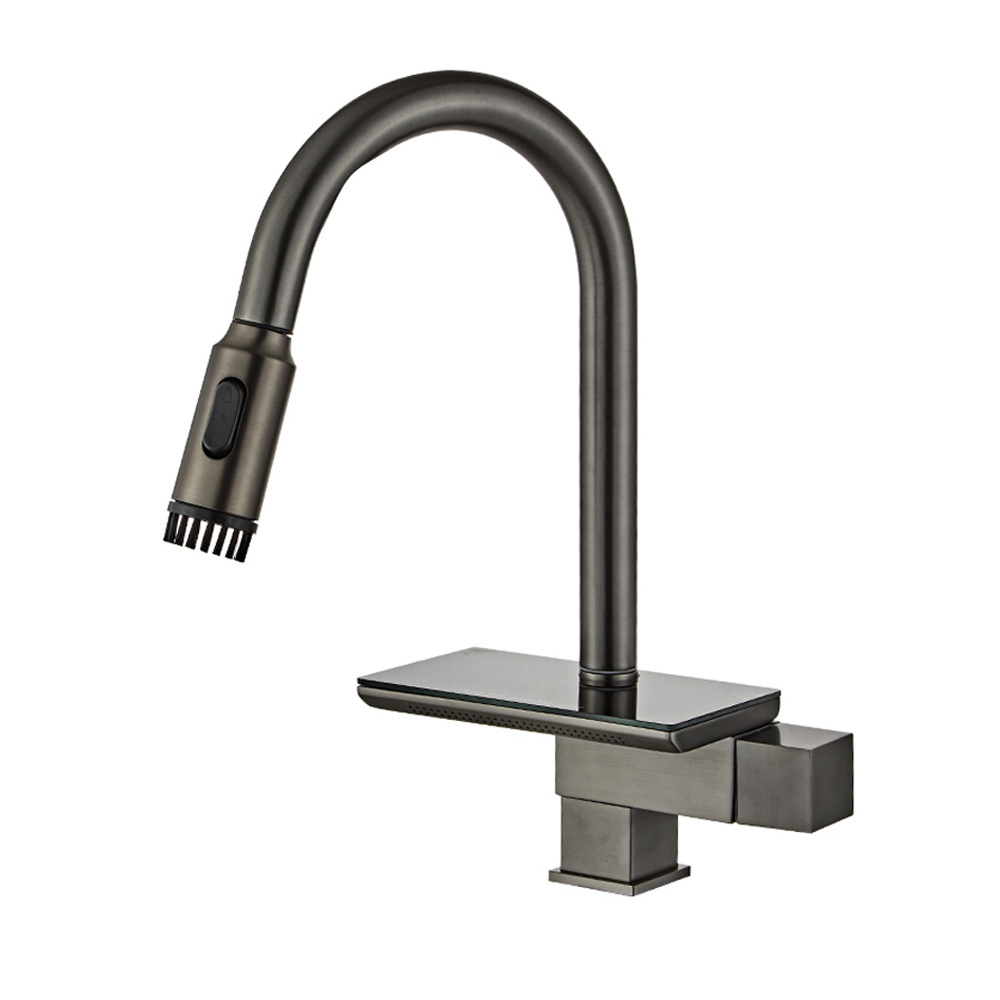 Commercial Pull Down Sprayer Waterfall Kitchen Faucet Hot and Cold Water Mixer Tap Sink Faucet Kitchen Stainless Steel Modern