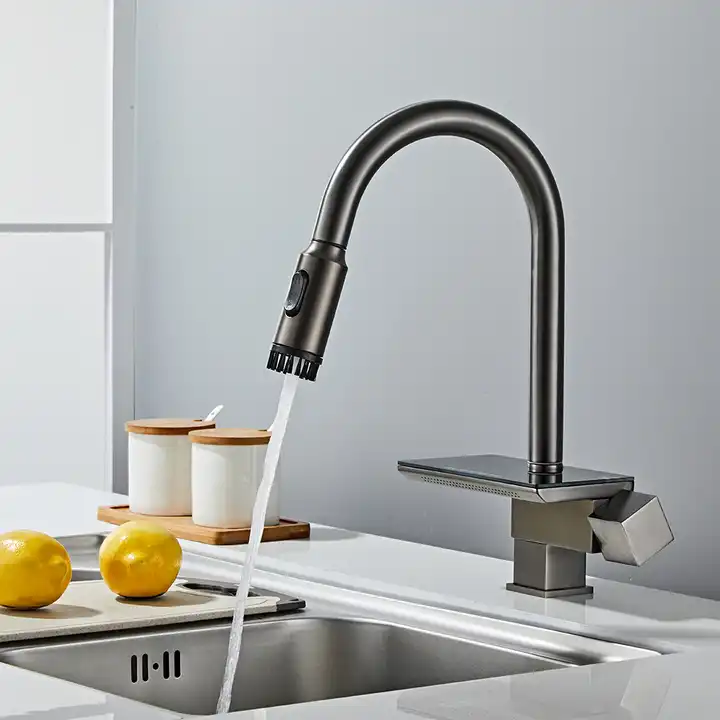 Commercial Pull Down Sprayer Waterfall Kitchen Faucet Hot and Cold Water Mixer Tap Sink Faucet Kitchen Stainless Steel Modern