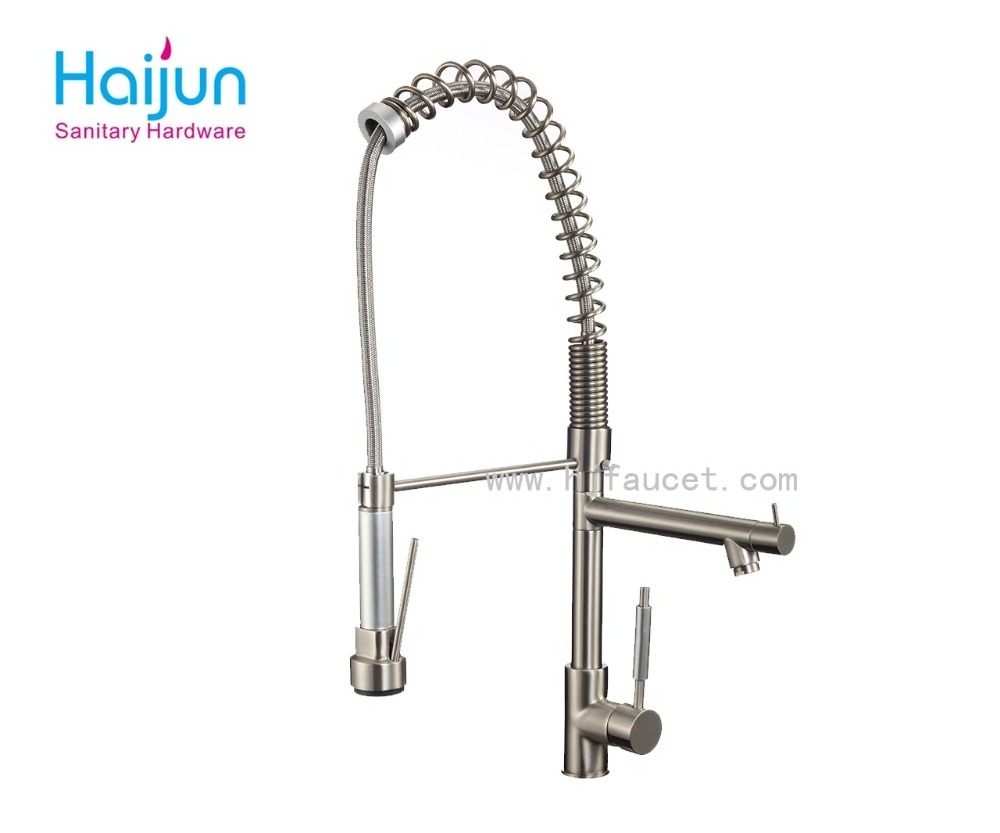 Brass Spring Pull Out Kitchen Faucet with Two Spouts &Handheld Shower Kitchen Mixer Tap Prices